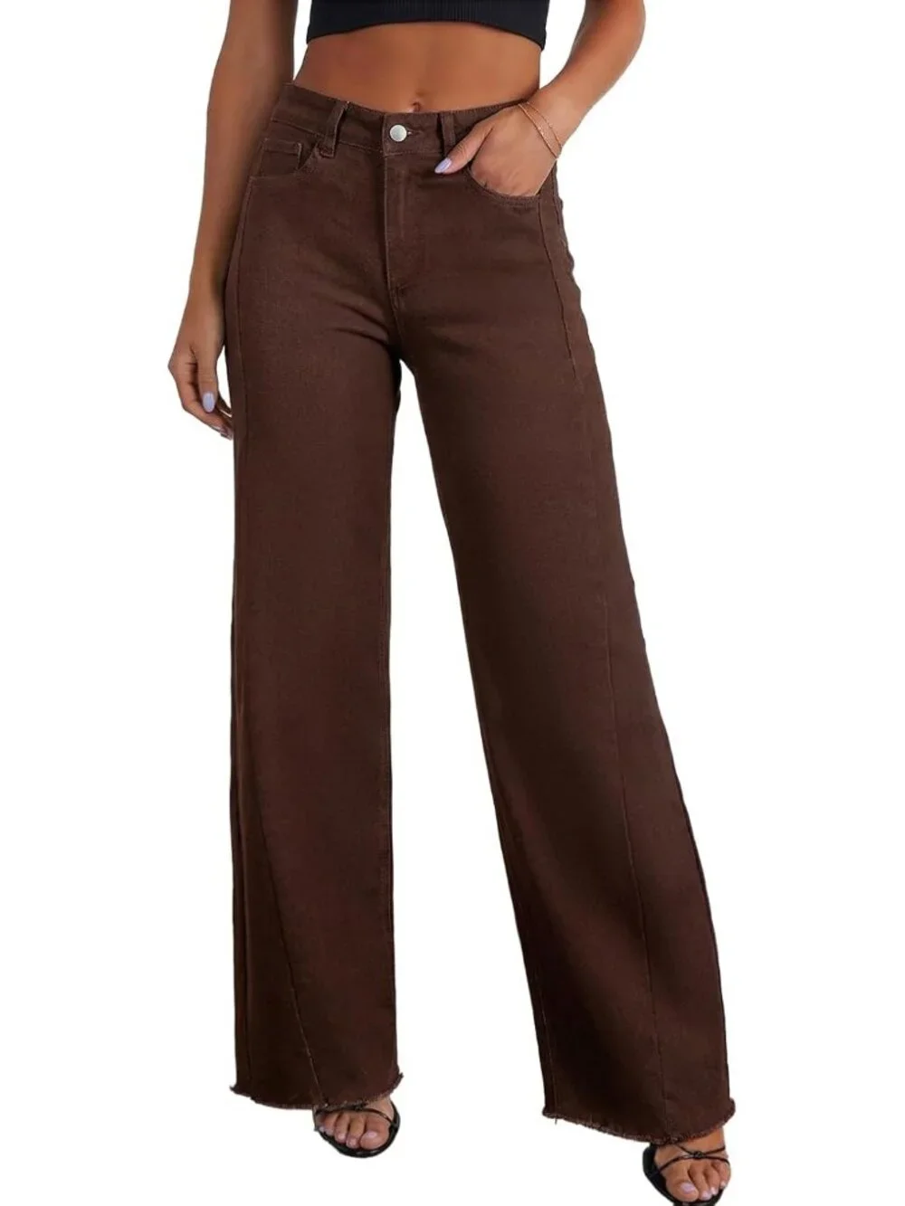 〽️ Women Coffee High Waist Wide Leg Jeans Stretch Raw Hem Denim Zimbaplatinum